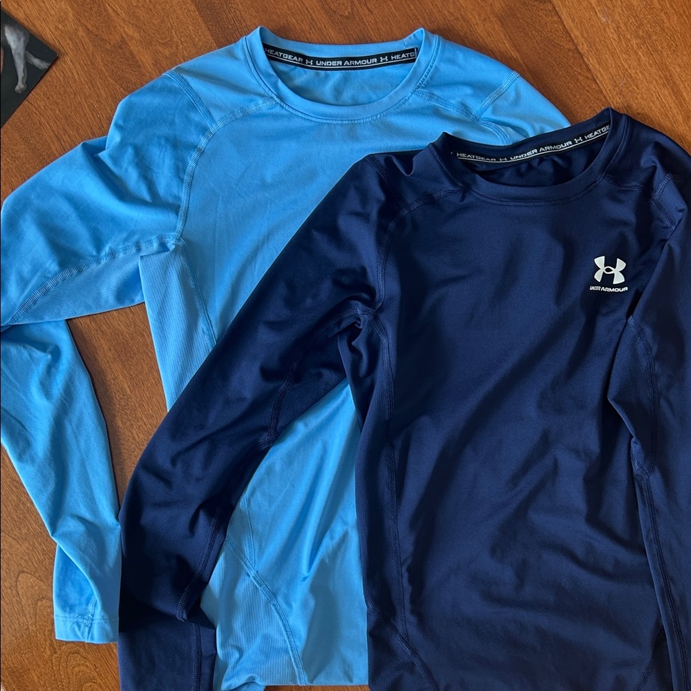 Under Armour Light Blue and Dark Blue Long Sleeve Compression Shirts